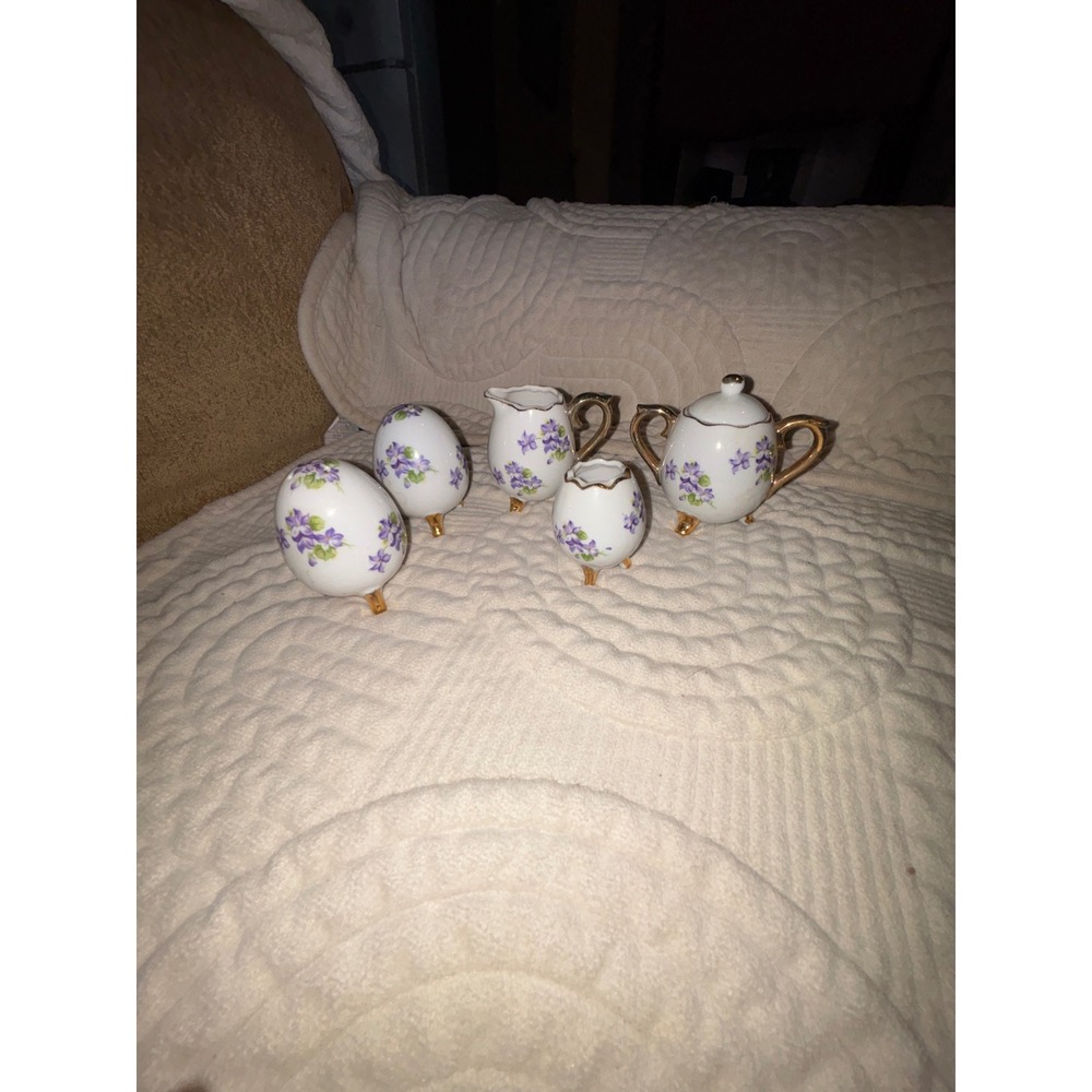 Vintage Lefton Japan Purple Violets Porcelain Tea Set Sugar Creamer Egg Shakers